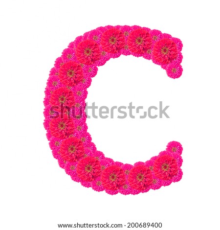 Alphabet on zinnia daisy flowers isolated on white background