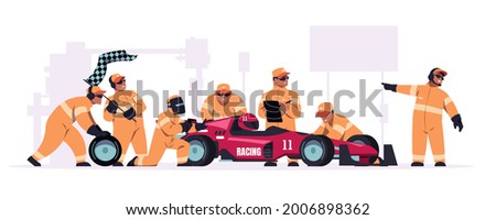 Racing crew. Cartoon pit stop team in uniform working on race car. Mechanic workers changing wheels of bolide. Maintenance technicians and engineers. Automobile repair. Vector illustration Royalty-Free Stock Photo #2006898362