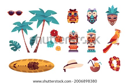 Hawaiian Tiki icons. Summer tropical art with palms and flowers. Surfboard, sunglasses or hat. Beach vacation collection. Tribal totem. Vector elements set of recreation on islands
