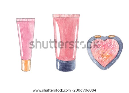 Hand drawn watercolor set of cosmetic and makeup products. Facial cream, powder