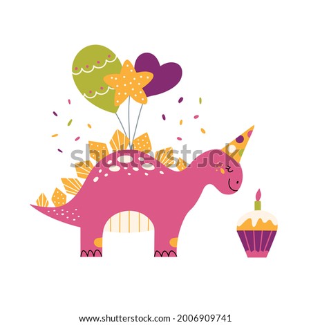Cartoon cute dinosaur for birthday party. Baby Dino stegosaurus with balloons and cupcake. Jurassic colorful animal for baby shower and invitation. Prehistoric dragon in nordic style. 