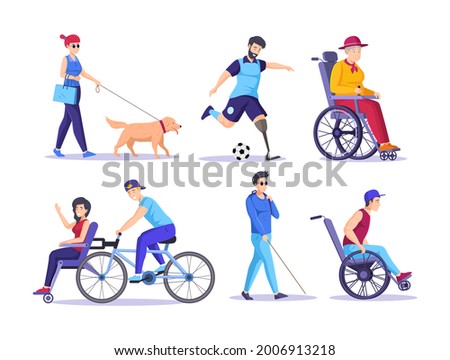 Collection of elderly and young disabled people. Handicapped man and woman performing sports and lifestyle activities. Blind, amputated legs, paralyzed limbs, physical injury, aging flat vector