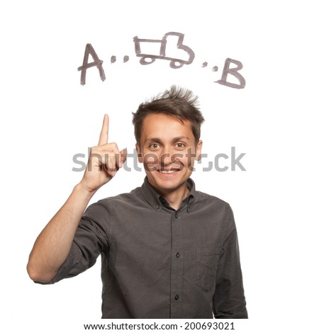 Young man with a forefinger up, "got idea" gesture, transportation route sign, isolated
