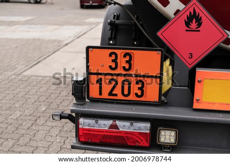 Dangerous goods sign for gasoline or petrol on a tank truck