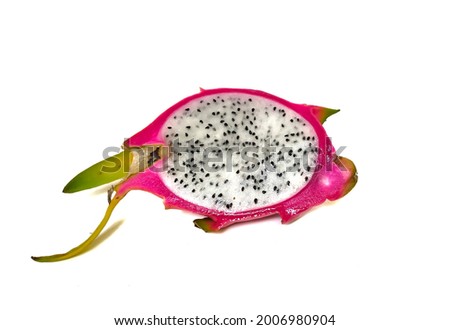 Pink dragon fruit, white inner flesh with many black seeds, delicious sweet taste, isolated on white background.