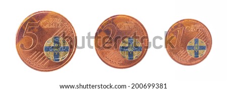Money concept - 1, 2 and 5 eurocent, flag of the royal dutch family
