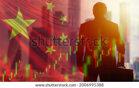 Business in China. China's economy. Business relations with PRC. Collage with a businessman and the flag of the People Republic of China. Chinese market. Economic growth. Economic indicators. Royalty-Free Stock Photo #2006995388