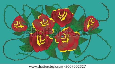 Flowers red roses and green leaves.Tatoo style.Vector illustration.