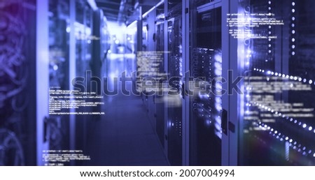 Image of data processing and digital information flowing over network of computer servers with glowing light flashing. global network of internet service provider, data processing centre concept.