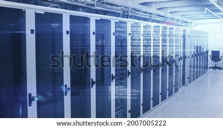 Image of data processing and digital information over network of computer servers with flashing glowing lights. global network of internet service provider, data processing centre concept.