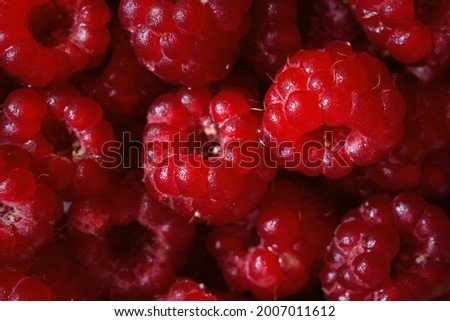 Raspberry macro background. The texture is food. Ripe raspberries in close-up. The concept of summer food, freshness, vitamins. Beautiful berries in a selective focus. The color of 2023 Viva Magenta