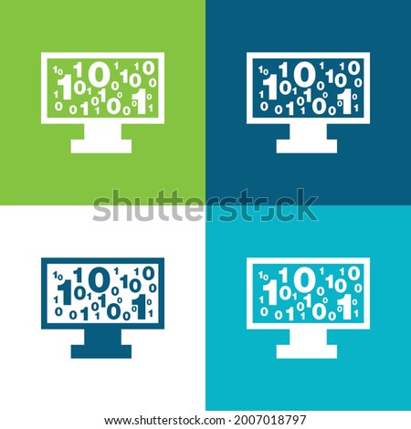 Binary Code Numbers On Monitor Screen Flat four color minimal icon set