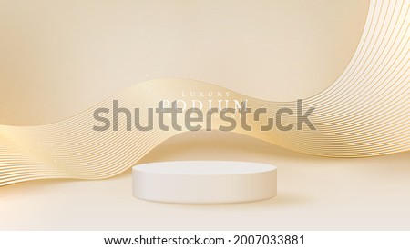 Realistic white product podium showcase with line golden wave on back. Luxury 3d style background concept. Vector illustration for promoting sales and marketing. Royalty-Free Stock Photo #2007033881