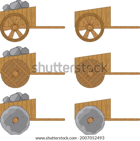 Set. Wooden cart. A wheelbarrow for transporting cargo. Flat design.