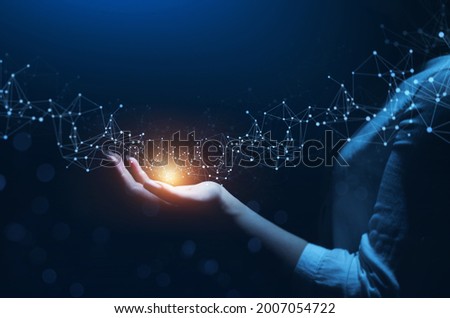 Woman hand holding global network connection. Internet communication, Wireless connection technology.   Futuristic technology with polygonal shapes.