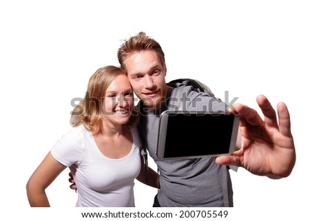 happy couple selfie by smart phone isolated on white background, caucasian