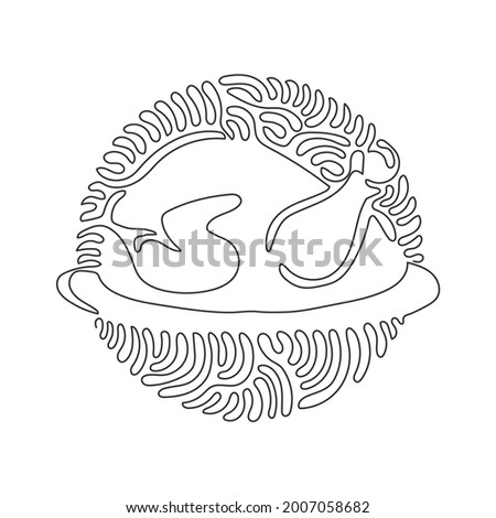 Single one line drawing chicken roasted on platter. Fried poultry sign. Food for gala dinner or thanksgiving. Swirl curl circle background style. Continuous line design graphic vector illustration