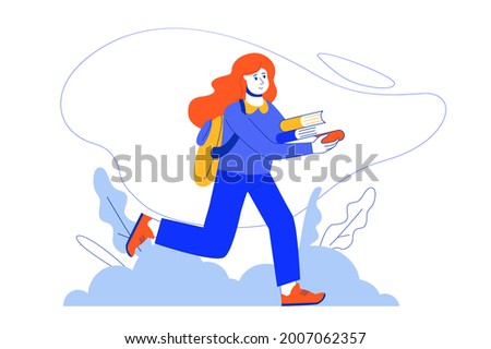 Back to school web concept. Schoolgirl holding textbooks and to class. Student goes to lessons. Vector illustration in minimal flat design for blog, app design, onboarding screen, social media