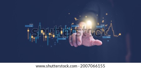 planning and strategy, Stock market, Business growth, progress or success concept. Hand of Businessman or trader touching showing a growing virtual hologram stock on smartphone, invest in trading. Royalty-Free Stock Photo #2007066155