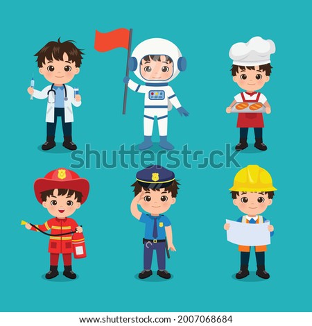 Collection of cute boy in different profession. Labor day clip art. Flat vector cartoon design