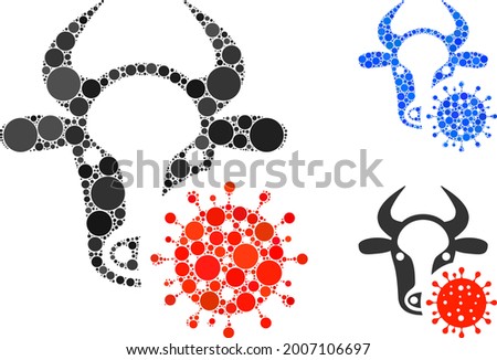 Mosaic cow coronavirus icon designed from circle items in various sizes, positions and proportions. Blue and original versions of cow coronavirus icon.