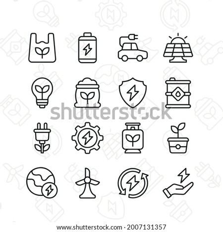 Sustainable energy icon set. Contains such Icons as wind turbine, solar panel, fertiliser, and more. Line style design. Vector graphic illustration. Royalty-Free Stock Photo #2007131357