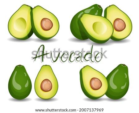 Avocado. Whole avocado and avocado in cut. Fruits, healthy eating, dieting concept. Isolated vector illustration. Royalty-Free Stock Photo #2007137969