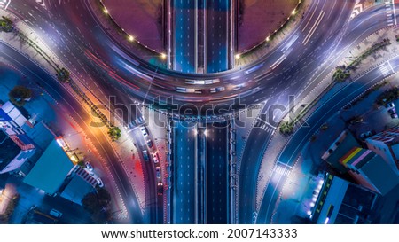 aerial top view of bangkok roundabout road at night, thailand.
