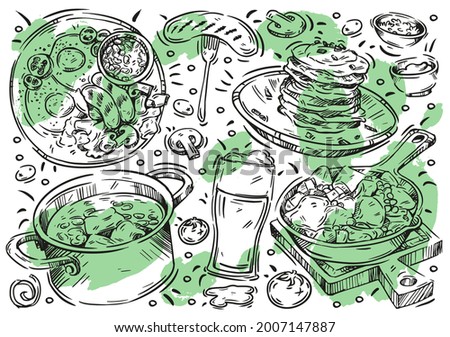 Hand drawn line vector illustration food on white background. Doodle Irish cuisine: beer, pancakes, sausages, eggs, stew, soup, grill meat, tomato