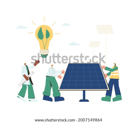 Renewable alternative electricity. Solar panels installing. Field service technicians workers, architect,  mechanical engineer and project coordinator building moduls.  Green tech. Vector illustration