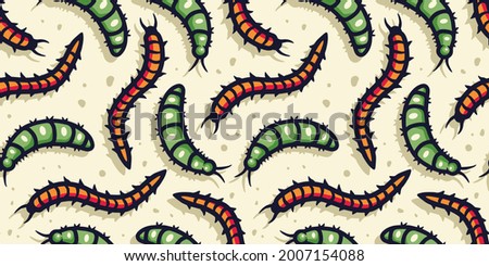 Seamless pattern with illustrations of caterpillar and maggots worms for halloween design. Scary insect larvae. October party banner, poster or postcard