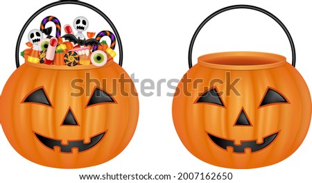 isolated pumpkin buckets. empty bucket and bucket with halloween candies Royalty-Free Stock Photo #2007162650