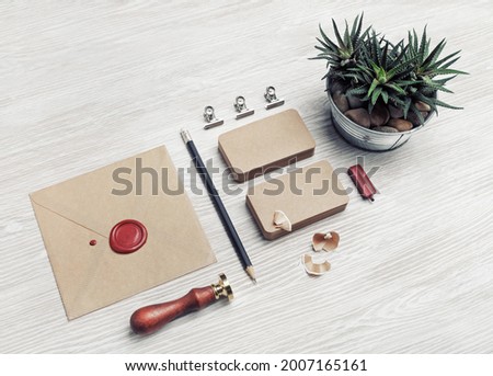 Brown paper stationery and plant on light wooden background. Corporate identity set.