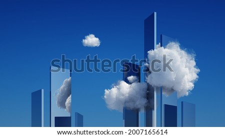 3d render, abstract modern minimal cityscape background, mirror skyscrapers under the blue sky with white clouds