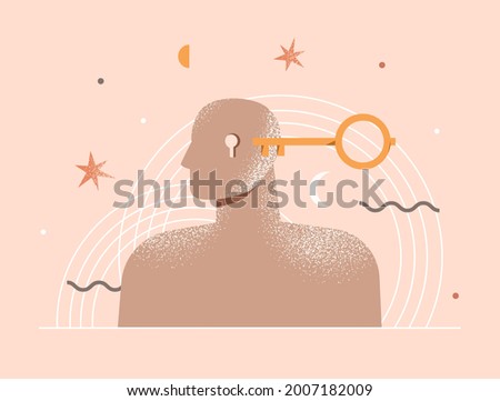Therapy, psychotherapy, psychology concept. Open mind. Human head with a keyhole and key. Philosophy metaphor, personality. Abstract modern illustration about mental health. Isolated vector design Royalty-Free Stock Photo #2007182009