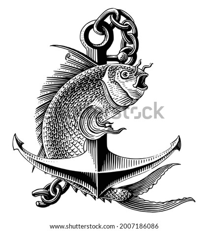 Sea fish jumping around anchor hand draw vintage engraving style black and white clip art isolated on white background