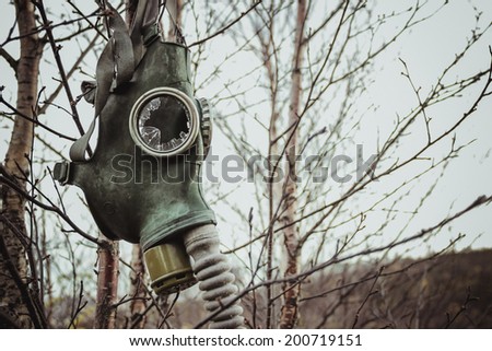 Old abandoned gas mask hanging on a branch Royalty-Free Stock Photo #200719151