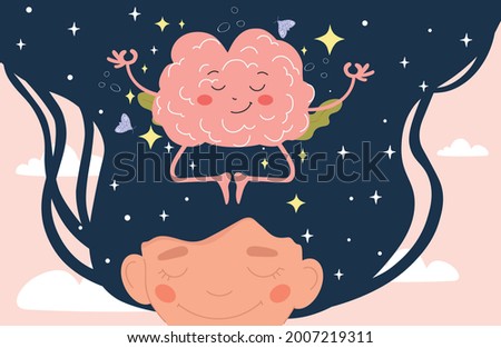 Calm brain meditation to relax balance or mental wellness concept. Girl and organ character with cute and funny peace control and mind focus. Psychological harmony. Flat cartoon vector illustration Royalty-Free Stock Photo #2007219311