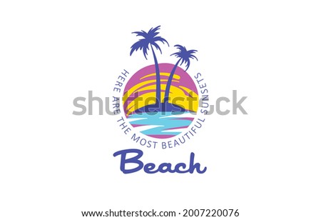 Vector icon for the beach with the image of a palm tree and the sea