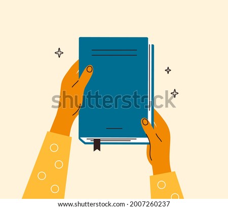Human hands hold closed book. Student with literature or history textbook. Read books lover. Education, literacy day. Relaxing time to reading. Back to school. Bookstore, library vector illustration