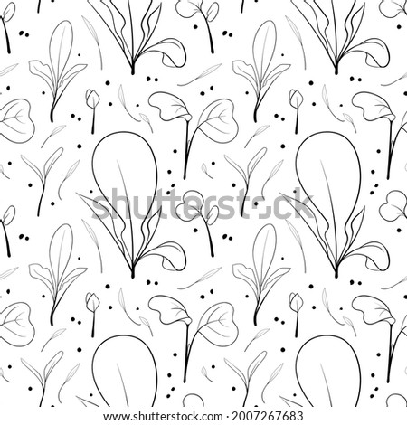 Seamless pattern with radish sprouts background. Sketch microgreen seeds vector illustration.