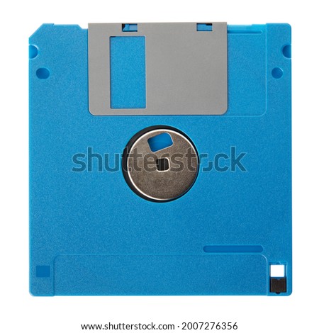 Blue floppy disk back with blank label isolated on white background, clipping path