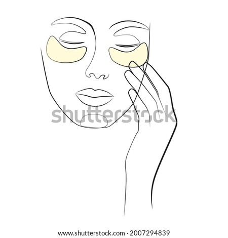 Woman applying patches. Home skin care line drawing on white isolated background