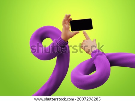 3d render, flexible cartoon character hands wear violet sweater and hold smart phone with blank screen. Touchscreen technology. Funny modern clip art isolated on neon green background