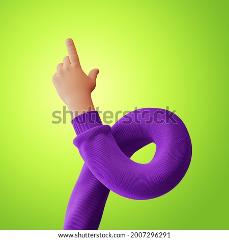 3d render, funny flexible cartoon human hand in violet sweater. Finger points up. Clip art isolated on green background