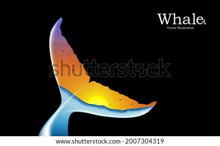 Double exposure portrait combined fishtail, humpback whale and pacific ocean sea underwater, Campaign save protect extinct whales with swim beautiful nature on black background vector illustration