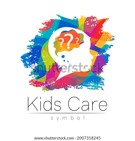 Child logotype with brain and question in rainbow brush vector. Silhouette profile human head. Concept logo for people, children, autism, kids, therapy, clinic, education. Template symbol design