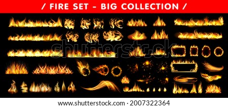 Realistic fire flames, vector 3d Fire collection, red lights, sparks.