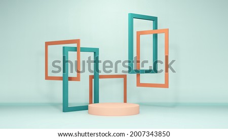 3d render image light brown podium with floating frame and light turquoise background for product display advertisement.
