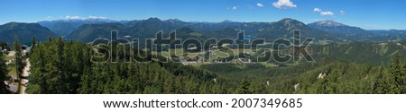 Panoramic view from Erzherzog-Johann lookout tower on Mariazeller Bürgeralpe at Mariazell, Styria, Austria, Europe
